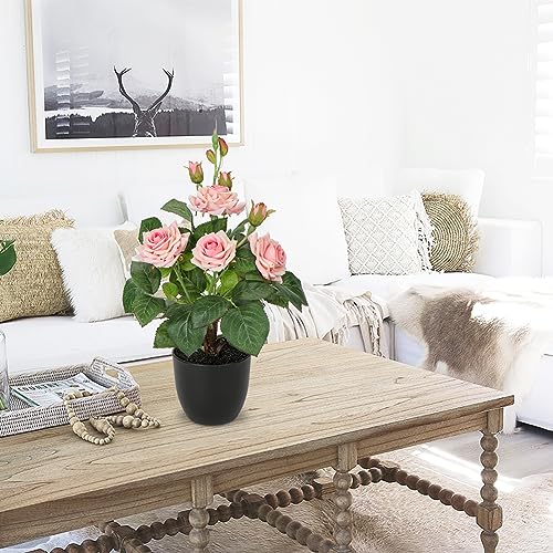 Hollyone Artificial Plants & Flowers in Vase Pink Roses Artificial Flowers Potted Plant Faux Silk Flower with Pot Fake Rose Flower Arrangement Home Decor Office Bathroom Shelf Desk Decoration 15 Inch - color: Rose 1 - Pink (15inch)