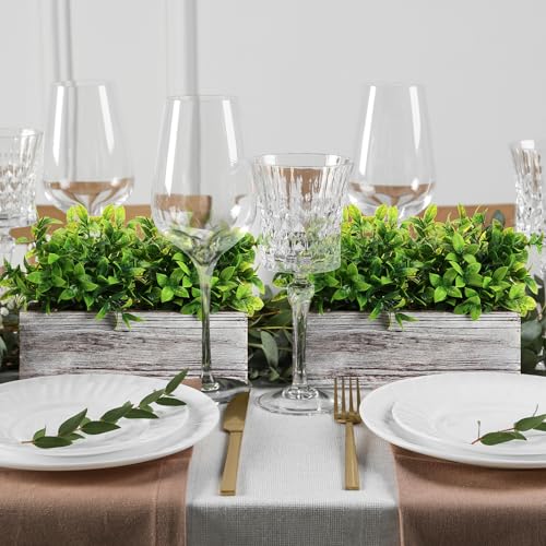 Lyrow 2 Pack 11.4 '' Artificial Eucalyptus Plants in Rectangular Rustic Wooden Planter Box Faux Potted Herb Plant Greenery Centerpiece for Cabinet Windowsill Table Shelf Wedding Decor (Whitewashed) - color: White, size: 11.4 ''