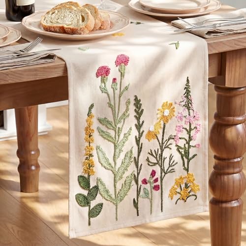 Artoid Mode Beige Soft Chain Embroidery Wild Floral Spring Table Runner, Seasonal Summer Kitchen Dining Table Decoration for Home Party Decor 13x72 Inch - color: Beige, size: 13" x 72", Table Runner