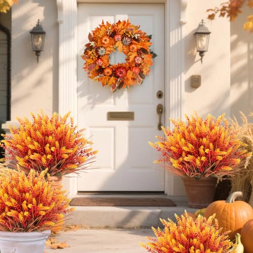 24 Bundles Artificial Fall Lavender Flowers for Outdoors UV Resistant Fake Monkey Grass with Flowers, No Fade Fake Mums Faux Plastic Shrubs Plants for Porch Garden Planters Window Box Decor, Orange - color: Orange, size: 24 Bundles