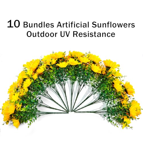 Artificial Sunflowers for Outdoors, 10 Bundles Fake Silk Sunflowers with Eucalyptus Leaves UV Resistant for Home Outside Front Door Porch Planters Garden Balcony Yard Patio Wedding Party Decor
