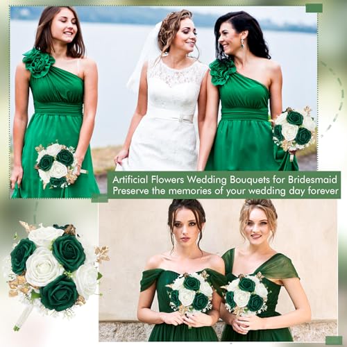 Wedding Bridesmaid Bouquet Set of 2 - Artificial Flowers Bouquets for Bridesmaids Pre-made 7 Inch Faux Small Floral Bouquets Bridal Shower, Wedding, Ceremony, Anniversary - Emerald & White & Gold - color: White & Emerald & Gold, size: Set of 2 Bridesmaid