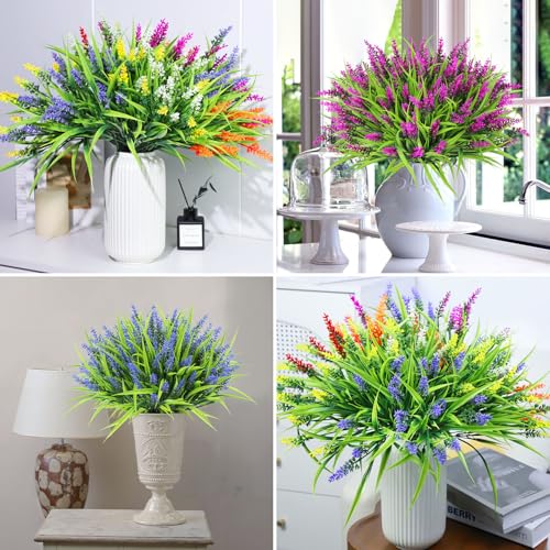 Ouddy Decor 24 Bundles Artificial Flowers for Outdoors, Fake Lavender Flowers Monkey Grass Faux Plastic Plants Shrubs UV Resistant for Porch Garden Window Box Office Home Decorations, Mixed - color: Multi Color