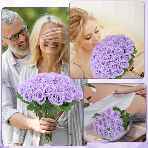 72 Pcs Artificial Roses Light Purple Fake Silk Roses Realistic Roses Faux Flower Indoor Wedding Home Decor, Birthday Decorations - color: Light Purple
