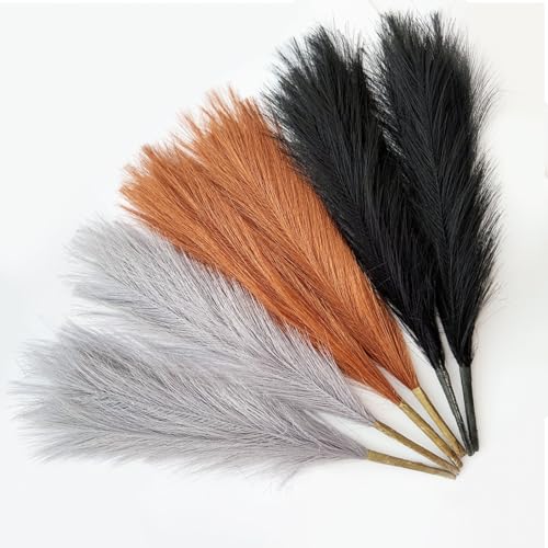 Pampas Grass Decor, Fluffy Faux Pampas Grass 6 Stem 18"/45cm Pompous Grass Small Flower Arrangement and Vase Filler for Boho Home Wedding Decoration - color: Black& Yellow Curry& Light Gray