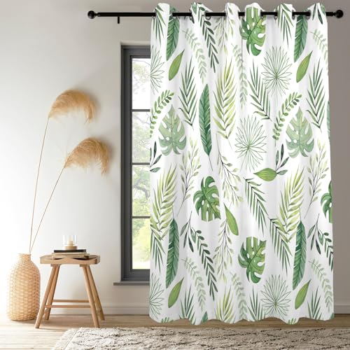 Renaiss Green Leaf Blackout Curtains, Tropical Safari Plants Patterned Thermal Insulated Bedroom Window Curtains, Eucalyptus Botanical Window Curtains for Kitchen, 45" L x 29" W 2 Panel Set - color: Green & White, size: 29"W x 45"L (Pack of 2)