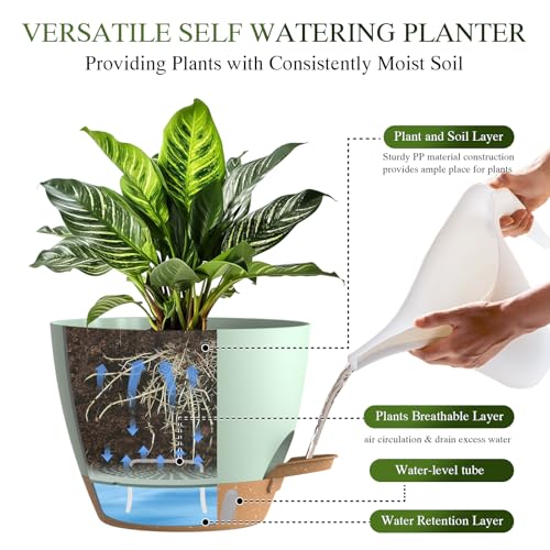 Self Watering Pots with Drainage Holes, 3 Pack 12/10/8 Inch Plant Pots with Water Level Indicator Deep Reservoir, Large Plastic Planter for Indoor Outdoor Plants - Green Brown - color: Green Brown, size: 12+10+8 Inch Set