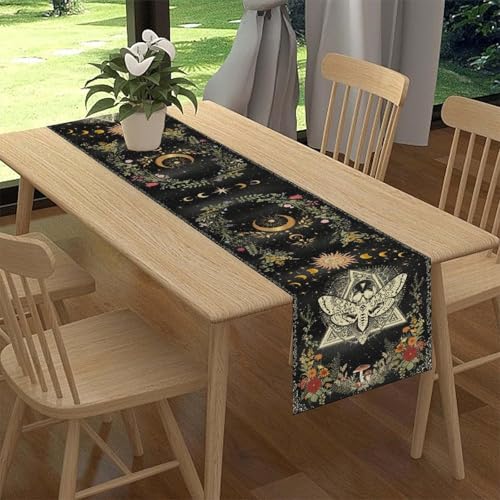 Gothic Moth Table Runner, Boho Gothic Sun Moon Phase Wildflower Mystical Witchy Farmhouse Coffee Table Center Decor for Home Kitchen Dining Patio Holiday Party Table Decorations 13x36 inches - color: Tr-moth01, size: 13x36" Table Runner