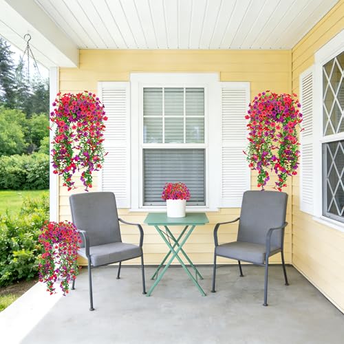 UV Resistant Artificial Hanging Flowers Outdoor Decor - 2 Pack Fake Hanging Plants with Silk Daisies for Spring Summer, No Fade Faux Flowers for Planter, Front Door, Porch, Patio, Garden, Yard - color: Light Purple Rose Red