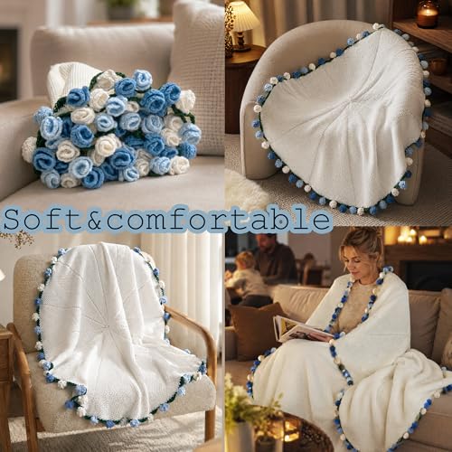 Crochet Flower Bouquet Throw Blanket, Cute Romantic Gift for Her Girlfriend Mom Mother’s Day Valentine Wedding Anniversary Birthday (Blue, 32 inches) - color: Blue, size: 32 inches