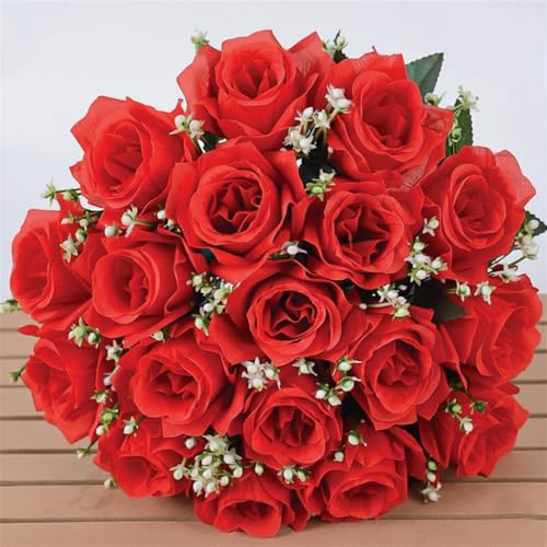 16" Artificial Silk Red Rose Bush with Gyp & Foliage 24 Flower Heads- Wedding Grave Home Decoration (1, Red) - color: Red