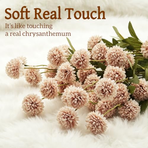 8pcs Beige Fake Flowers Silk Pompon Mum Artificial Flowers,Mini Artificial Chrysanthemums with Stems,Faux Flowers For Vase,for Wedding Centerpieces, flower arrangements, vase fillers, and home decor - color: Beige