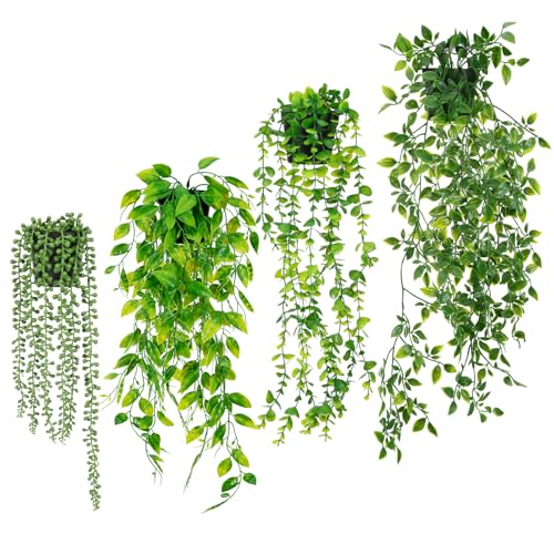 SHENLIU Artificial Hanging Plants for Shelf, 4 Pack Fake Potted Greenery Plant Faux Eucalyptus Vine, Mandala Vine, String of Pearls, Pea pod Leaves in Pot for Office Home Garden Indoor Outdoor Decor