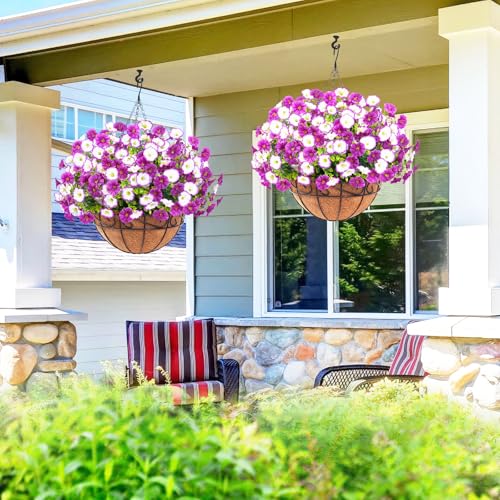 Elyum Artificial Hanging Flowers for Outdoors, Fake Flowers Artificial Petunias Hanging Baskets for Outdoors, UV Resistant Fake Hanging Plants Flowers for Outside Garden Patio Porch Decor - color: Purple&light Purple, size: 1 Pack