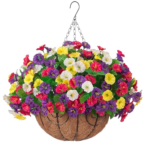Ammyoo Artificial Fake Hanging Flowers with Basket, Faux Silk Morning Glory Flower Arrangement for Spring Summer Decor, Hanging Plant for Patio Garden Porch Outdoor Decor - color: Yellow White Purple Red
