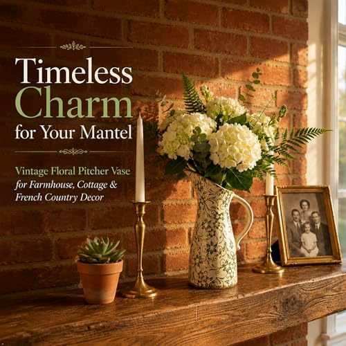 10" Farmhouse Pitcher Vase – Tuscan Green Scroll Ceramic Vase with Handle, Vintage Floral Decorative Jug for Kitchen Counter, Table, Mantel Decor - size: Tall – Pitcher Vase