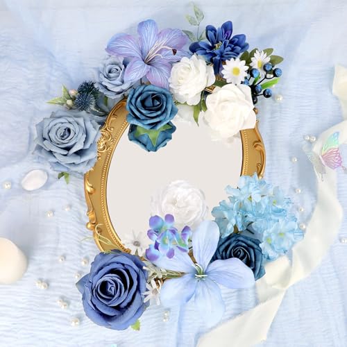 Dusty Blue Artificial Flowers Bouquet of Flowers Blue Rose Fake Flowers for DIY Wedding Bridal Bouquets Table Centerpieces Arrangements Cake Party Home Decor - color: Blue
