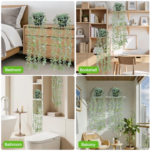 echosari 2 PCS Fake Hanging Plants, Artificial Potted Plants Eucalyptus, Greenery Faux Plants Indoor for Modern Boho Home Bedroom Wall Book Shelf Decor - size: 2 PCS