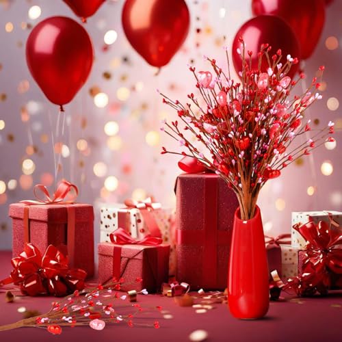 8PCS Valentine's Day Floral Decorations – Artificial Heart Shaped Foam with Red, Pink, White Berries, Artificial Picks for Home, Wedding, Party, DIY Craft, Perfect Valentine's Gift