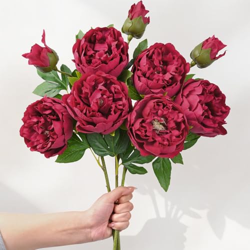MARTINE MALL 3PCS Real Touch Peonies Artificial Flowers, 22in Burgundy Fake Peonies Artificial Peonies Flowers Latex Large Faux Peony Flowers for Centerpiece Table Wedding Party Home Decor - color: Burgundy, size: 3PCS
