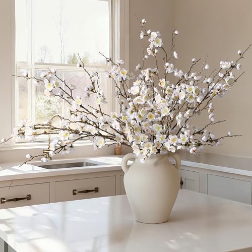 florisso 6 PCS Artificial Cherry Blossom Branches Spring Indoor Decoration, Faux Flowers 34.45" Long Stems Plum Fake Peach Plants Real Touch Silk for Wedding Home Bedroom Party Table Office, White - color: A-white