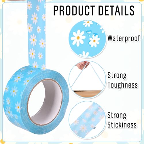 Whaline 109 Yard Groovy Daisy Packing Tape Gift Wrapping Tape Blue White Boho Spring Flower Pattern Tapes for Small Business DIY Crafts Carton Decor - style: Blue White Daisy