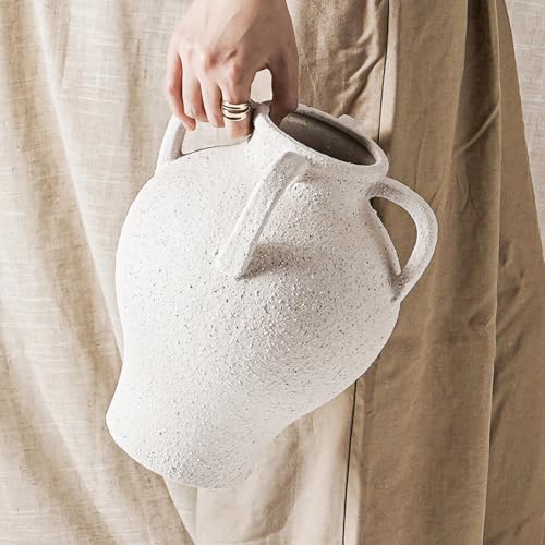 Large White Ceramic Vase - 10.8 Inch Rustic Farmhouse Vase with Handles for Home Decor, Vintage Tall Vases for Living Room, Table, Bathroom, Holiday & Weddings (Rock Sand White) - color: 10.8 Inch-rock Sand White
