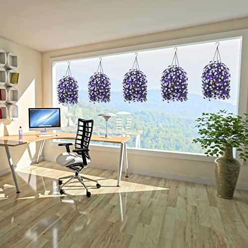 Ammyoo Artificial Flowers in Hanging Basket for Outdoors Spring Decor, Fake Mums Flowers Faux Plants with Basket for Indoors Home Porch Garden Yard Patio Decoration (Deep Purple) - color: Deep Purple