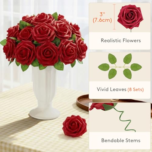 Lifewit Artificial Flowers, 50 Pcs Dark Red Foam Real Looking Roses with Stems, Fake Roses for DIY Wedding Bouquets, Centerpieces Arrangements, Valentine Decorations - color: Dark Red