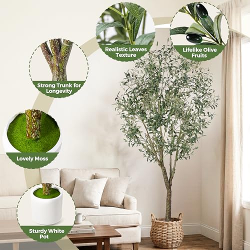 Jocoevol Olive Tree Artificial Indoor 7FT，Tall Faux Olive Tree with White Planter，Realistic Artificial Olive Tree Indoor with Natural Trunk and Lifelike Fruits for Home Office Living Room - size: 7ft