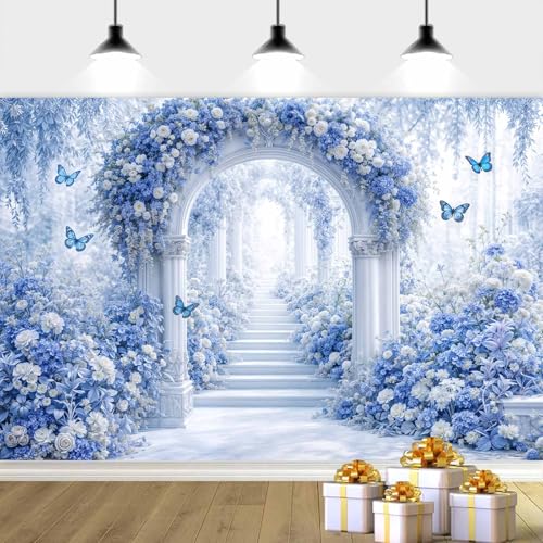 6X4ft Floral Photography Backdrop, Dreamlike Wedding Portrait Photo Background Romantic Blue Flowers Backdrop, Baby Bridal Shower Wedding Birthday Party Background Banner Decor, Blue-1 - color: Blue-1, size: 6x4ft