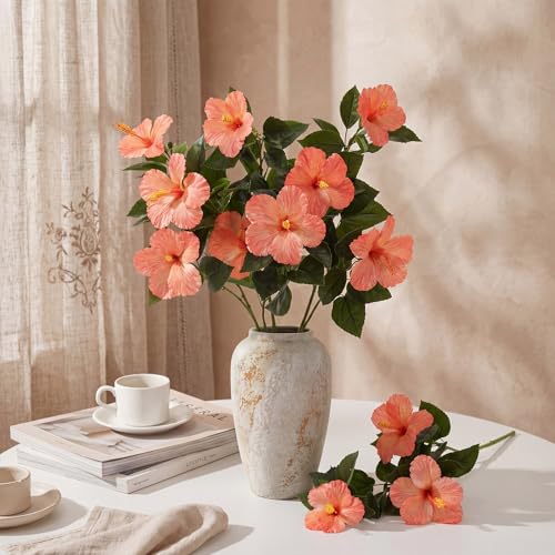 Hotop 3 Pack Artificial Hibiscus Flowers 33"x13" Silk & Plastic Tropical Bouquets Lifelike Blooms with Bendable Stems Faux Hawaiian Flowers for Home Living Room Wedding Patio (Orange) - color: Orange