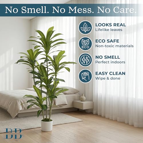 Dracaena Artificial Tree with Small Black Pot & Moss – Lifelike Natural Look, Maintenance-Free, Indoor & Outdoor Plant for Home, Office, Balcony & Patio (5ft, Standard Black Plastic Base)