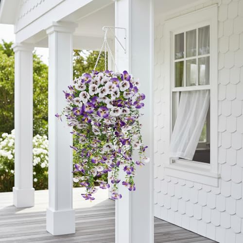 Artificial Hanging Flowers for Outdoors, 4 PCS 29.5in UV Resistant Faux Outdoor Hanging Plants Pansy Flowers Fake Cascading Floral Vines for Porch Patio Balcony Pergola, Purple White - color: White&purple