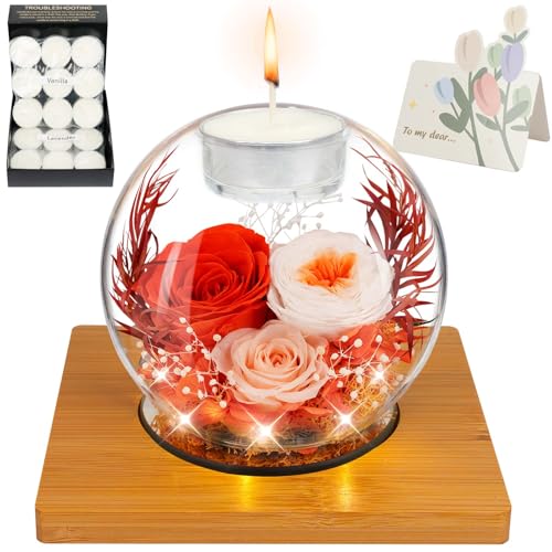 Preserved Orange Real Rose in Glass with Scented Candles Forever Flower Romantic Gifts for Mom, Women, Wife, Girlfriend, Her, Grandma - color: Orange