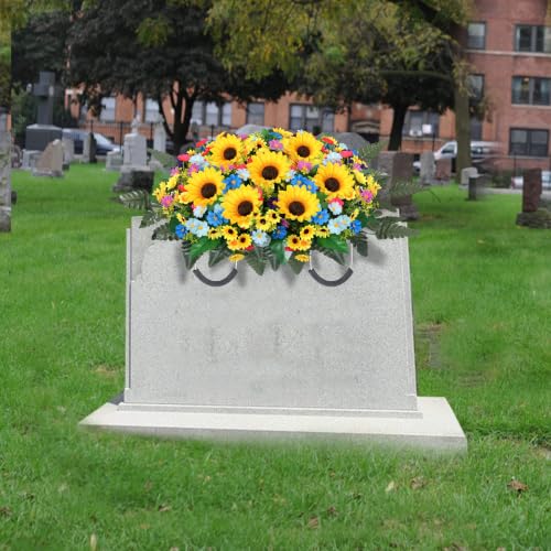 Lodou Artificial Cemetery Flowers for Grave,Headstone Flower Saddle Silk Sunflowers Grave Flowers for Cemetery Memorial for Outdoor Gravesite Decoration (Color) - color: Color