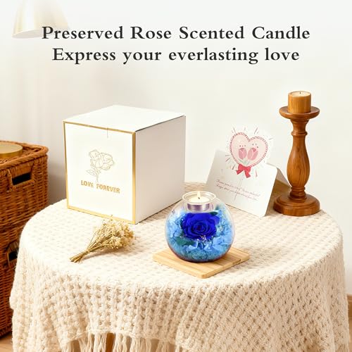 Preserved Real Rose in Glass with Scented Candles for Mom Her Wife Girlfriend Grandma Birthday Anniversary Romantic - color: Zenith Blue