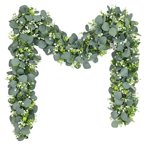 Waipfaru 2Pcs Eucalyptus Garland, 5.9FT Greenery Garland, Green Garland with Flowers, Artificial Faux Silver Dollar Eucalyptus Leaves Vines for Table Home Wedding Mantle Party Indoor Outdoor Decor - color: Eucalyptus Garland, size: 2Pcs