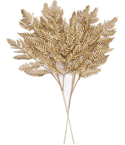 CATTREE Gold Ferns Artificial Plants Large Tall 30" 2 Pack Christmas Decorations, Fake Golden Boston Leaves Plastic Fern Palm Bushes Faux Shrubs Simulated Leaf for Party Wedding DIY Décor - color: (Tall) Golden Fern Leaves - 2 Pcs