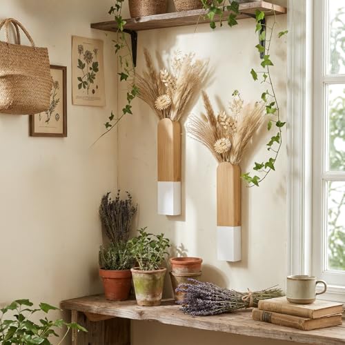 Modern Wood Wall Mounted Vase, White and Natural Wood, 11.8x2.6x1.6 Inches, Decorative Flower Holder for Bathroom Kitchen Farmhouse Dining Room - color: Natural and White