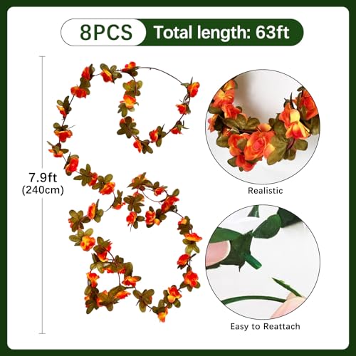 8Pcs 63Ft Orange Rose Garland, Fake Flower Vines, Artificial Vine Flowers, Rose Hanging Garland for Party Wedding, Garden, Room Table, Halloween, Thanksgiving Backdrop Wall Arch Decor - color: Orange, size: 8Pcs-63Ft