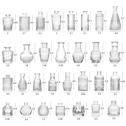 Vintage Glass Bud Vases Bulk 30 Pack|Small Clear Flower Vases for Wedding Decor, Centerpiece Table Decorations, Rustic Home & Party Decor (Transparent)