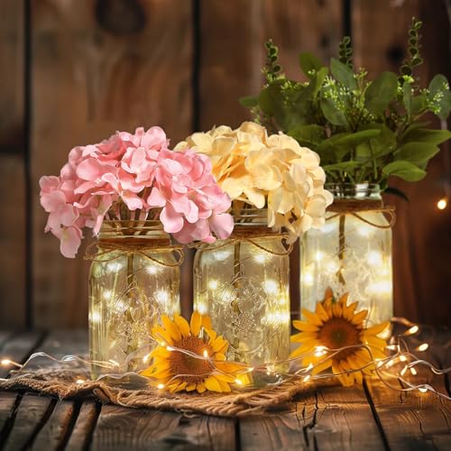 Set of 3 Mason Jar Lights, Champagne Hydrangea Holiday Table Decor | Farmhouse Table Centerpiece for Home Wedding Event Party Decor - color: Jar-champagne Hydrangea