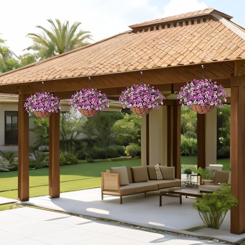 INXUGAO Artificial Silk Flowers Hanging Basket for Outdoor Indoor, Daisy with Eucalyptus Leaves Arrangement for Garden Yard Spring Decor, Faux Green Plant in Metal Coconut Lining Pot(Purple Pink) - color: Purple Powder