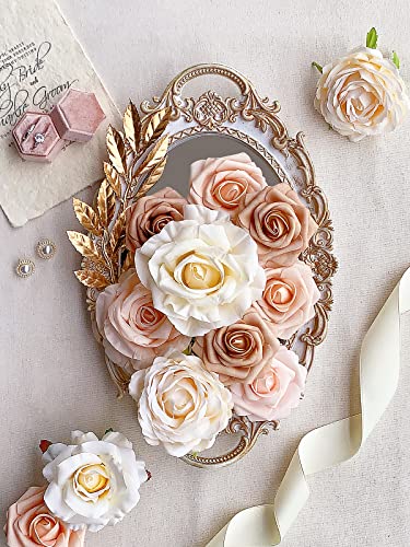 FACINOC Roses Artificial Flowers Bouquet Combo Box Set Fake Flower Bulk for DIY Bridal Baby Shower Decorations Wedding Centerpieces for Table Silk Floral Arrangements Party Home Decor Indoor Peach - color: Pastel Peach, Beige