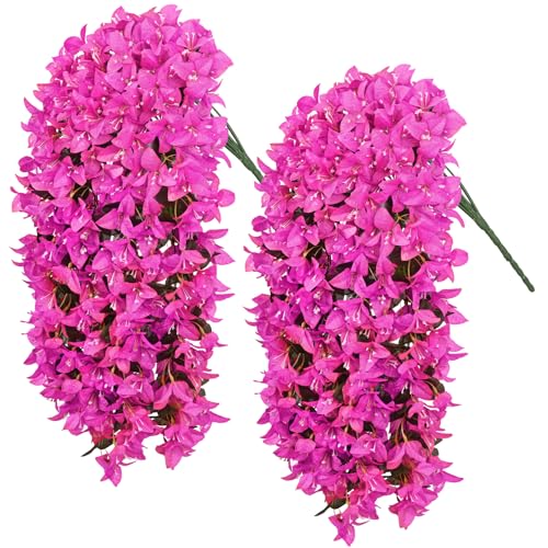 2Pcs Artificial Flowers Fake Hanging Plants for Outdoors | UV Resistant Realistic Silk Bougainvillea for Porch Patio Balcony Decoration (Purple) - color: Purple, size: 2 Pcs