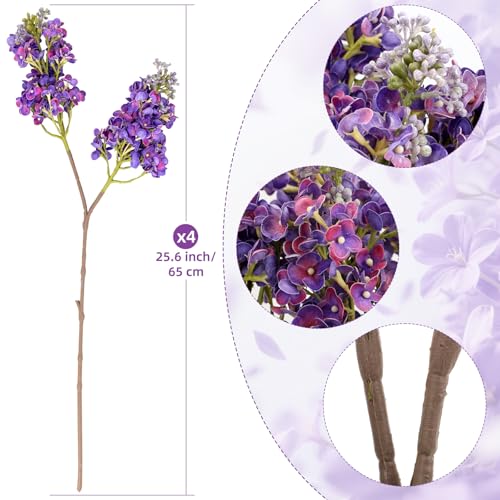 4PCS 25.6inch Lilac Artificial Flowers Deep Purple Fake Delphinium Long Stem Silk Real Touch Flower Faux Lilac Floral Arrangement for Tall Vase Table Wedding Garden Home Decoration（Deep Purple） - color: 25.6inch Deep Purple