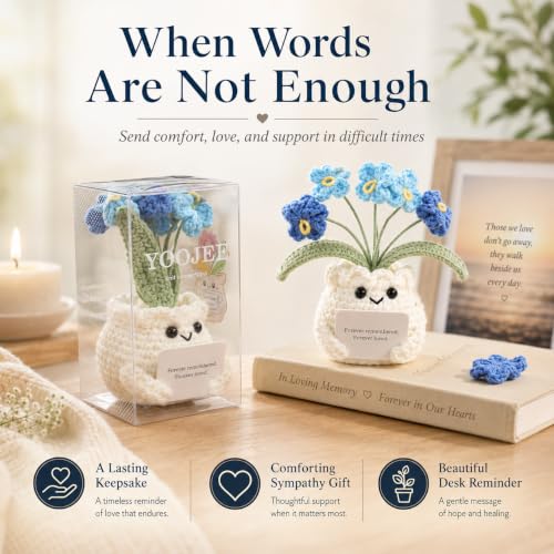 YOOJEE Handmade Crochet Forget Me Not Flower Pot Sympathy Gifts for Loss | Grief Support Gift, PET gift box, Meaningful Blue Forget Me Not Flower, Memorial Gift, Home & Desk Decor Gift Idea - color: E-Sympathy-Blue