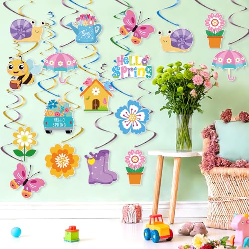 24Pcs Spring Hanging Decorations, Flower Butterfly Ceiling Hanging Swirls Cutouts, Spring Hanging Swirls for Home Office Classroom Spring Birthday Party Ceiling Decoration - color: Pink