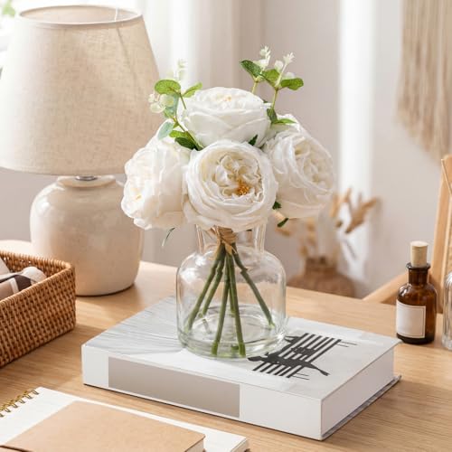 Norme Real to Touch Penoies Artificial Flowers, 6 Pcs Faux Austin Rose in Vase with Big Bloom and Fake Water Real Latex Petals for Wedding Dining Table Centerpiece Home Decor(White) - color: White